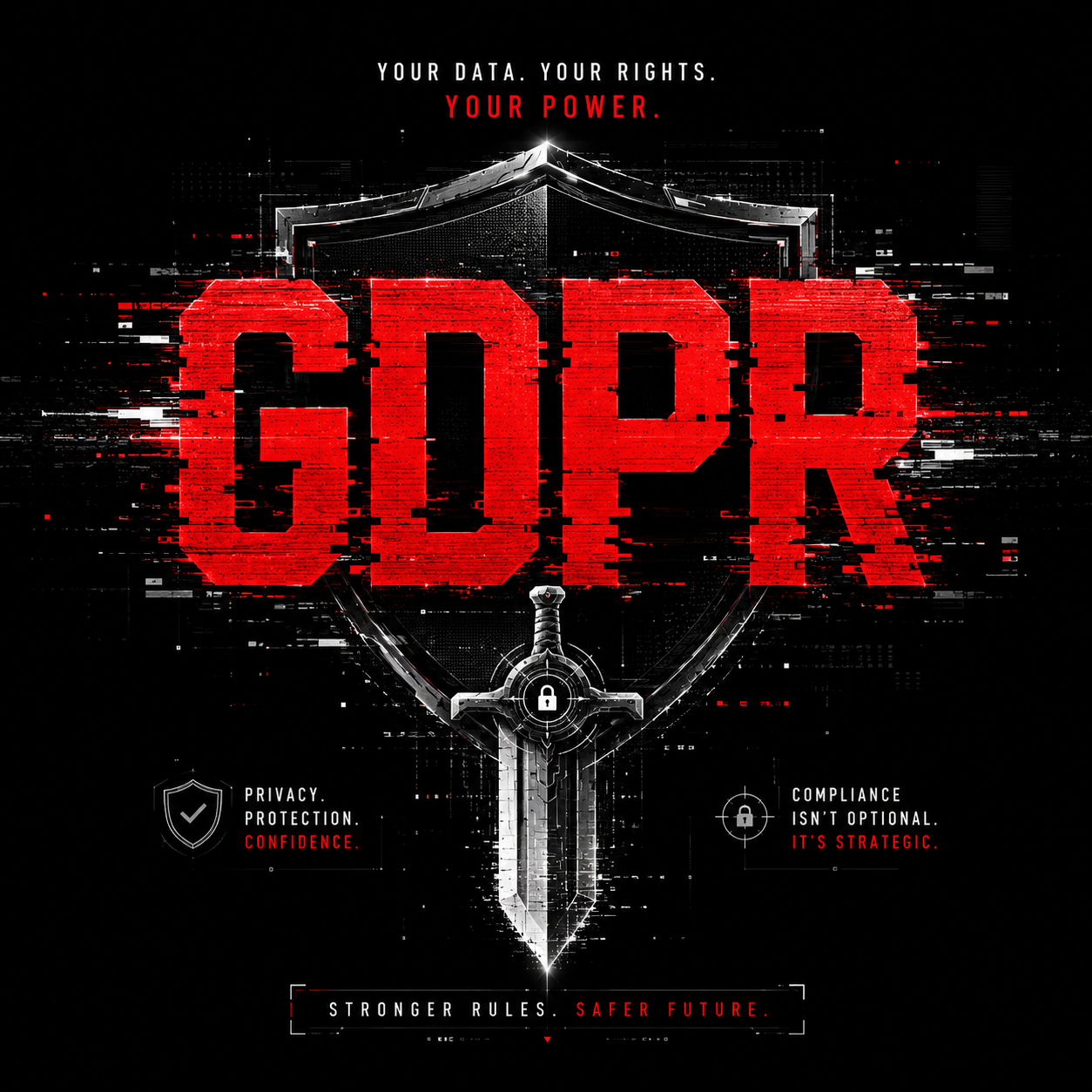 A red, glitched GDPR wordmark behind a steel shield and sword on a black field. Subhead: STRONGER RULES. SAFER FUTURE.
